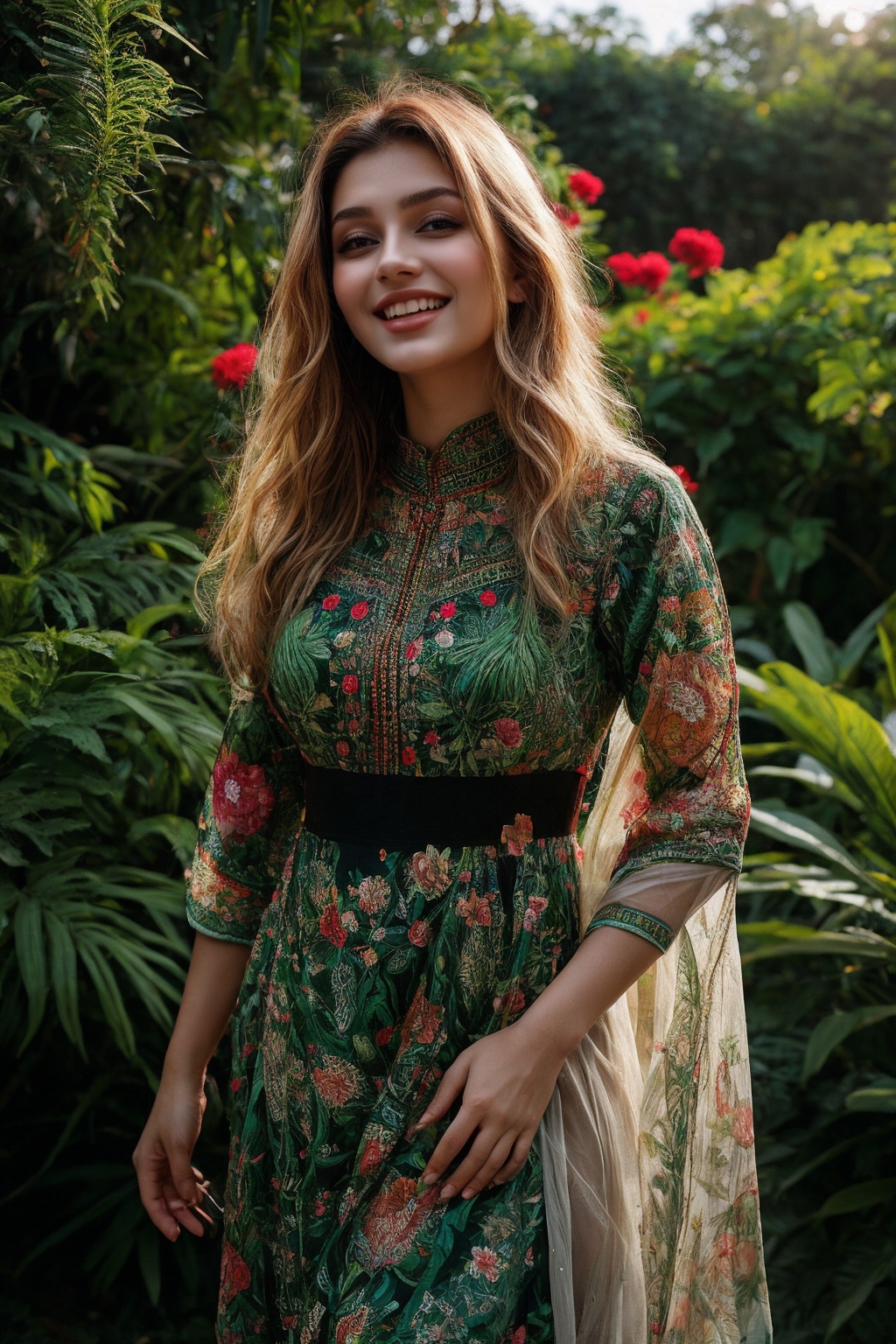 A stunning Ukrainian beauty poses in a lush botanical garden on a bright,  sunny day. She wears a vibrant traditional embr...