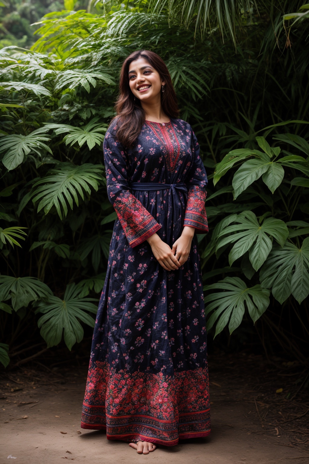 A stunning Kerala beauty poses in a lush botanical garden on a bright,  sunny day. She wears a vibrant traditional embroid...