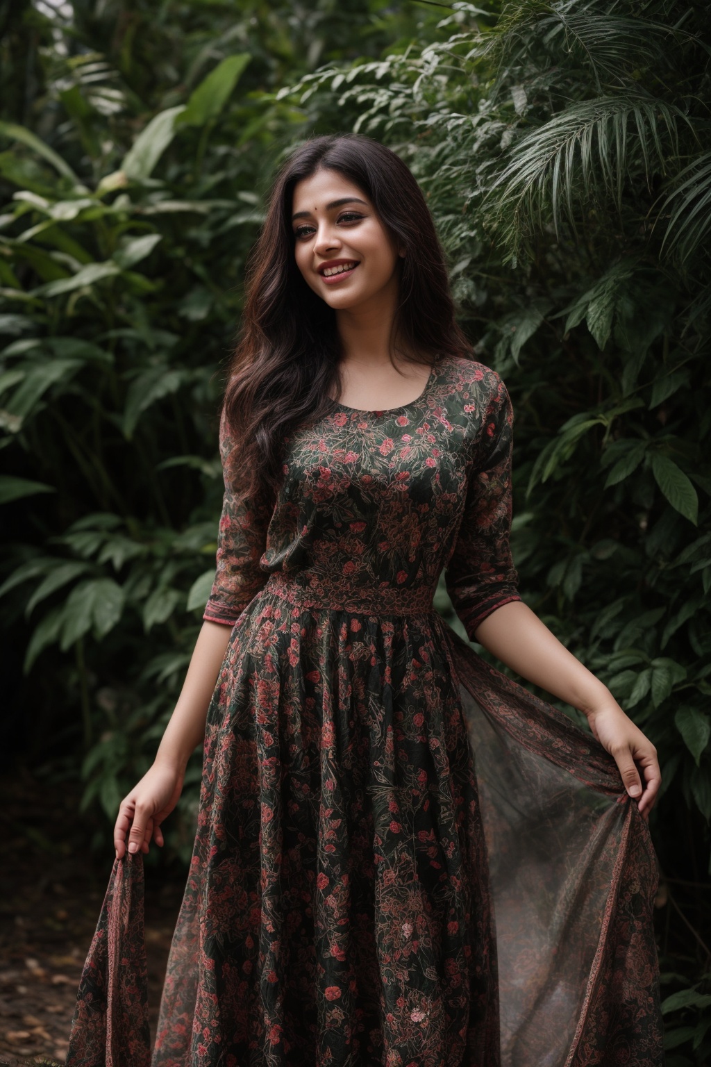 A stunning Kerala beauty poses in a lush botanical garden on a bright,  sunny day. She wears a vibrant traditional embroid...