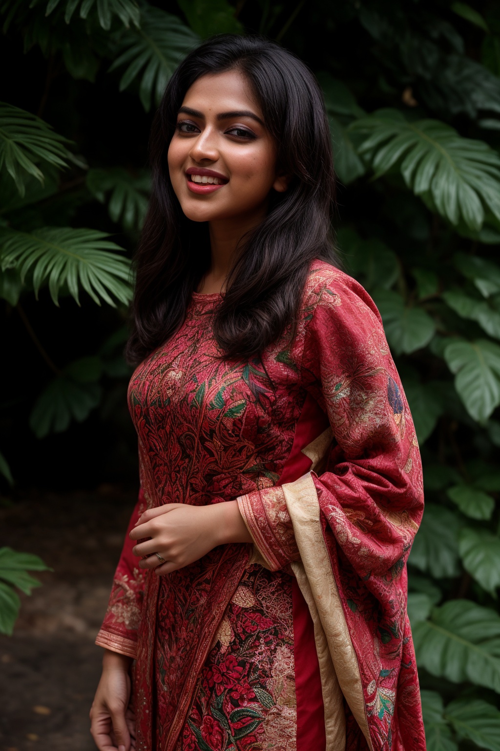 A stunning Kerala beauty poses in a lush botanical garden on a bright,  sunny day. She wears a vibrant traditional embroid...