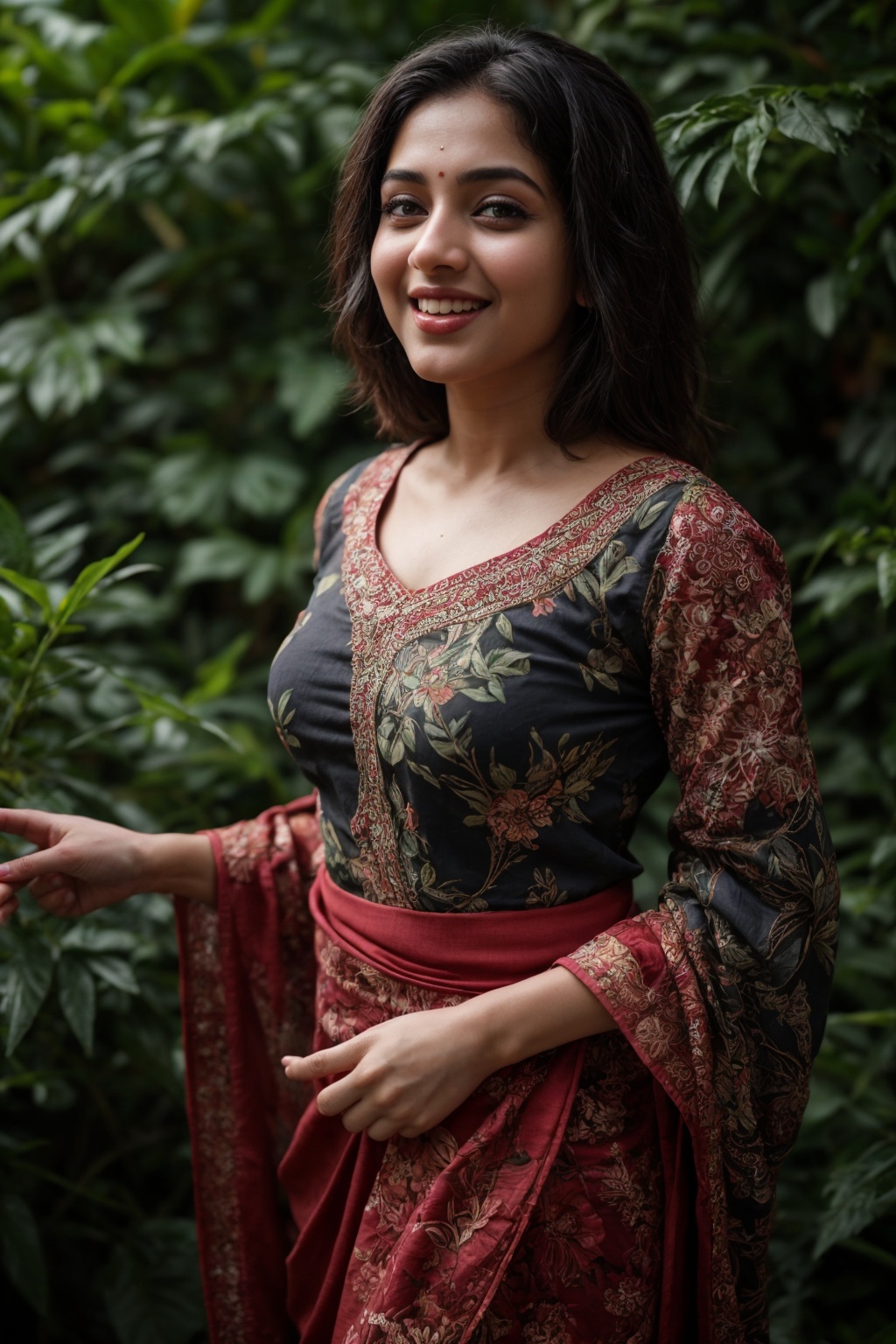 A stunning Kerala beauty poses in a lush botanical garden on a bright,  sunny day. She wears a vibrant traditional embroid...