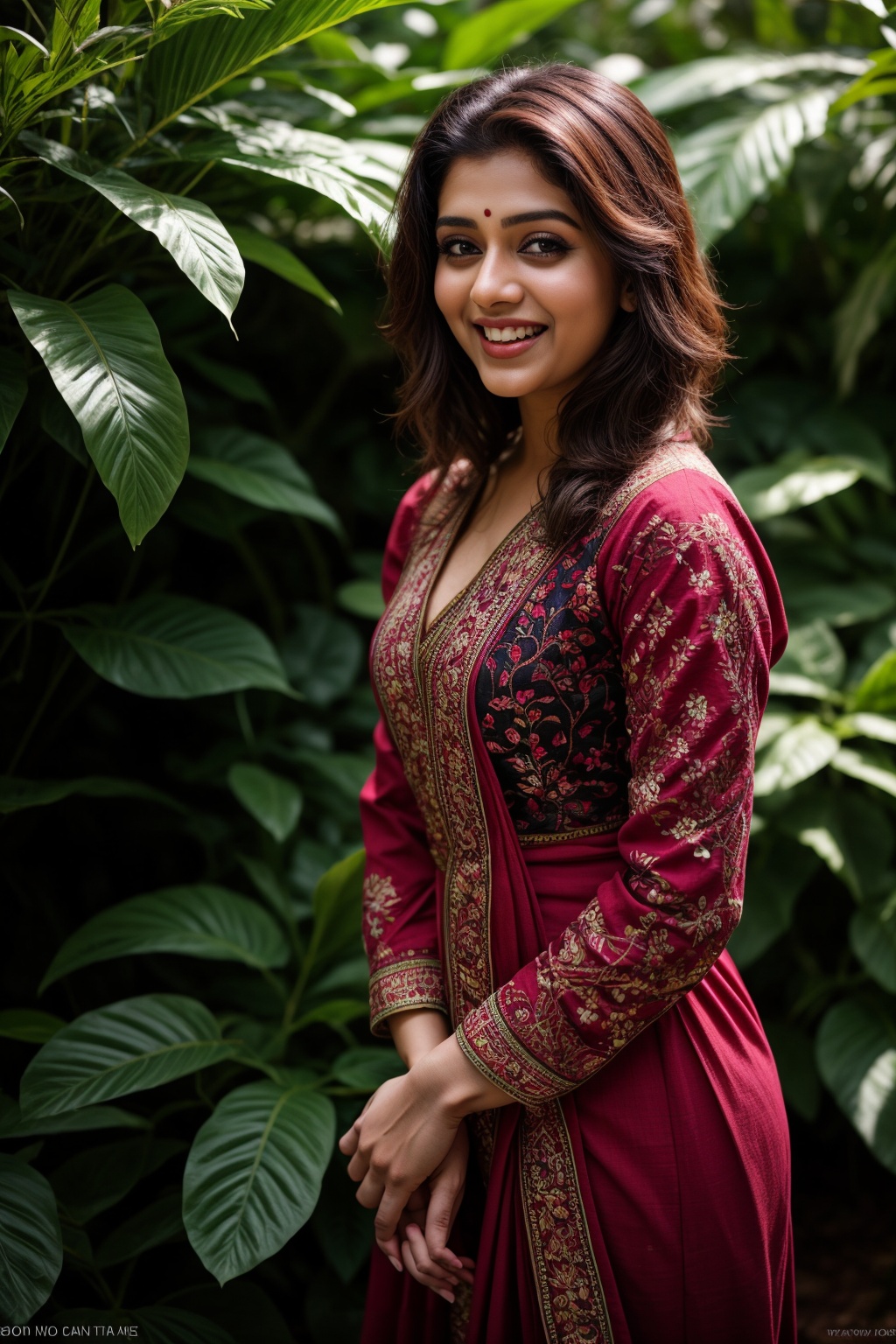 A stunning Kerala beauty poses in a lush botanical garden on a bright,  sunny day. She wears a vibrant traditional embroid...