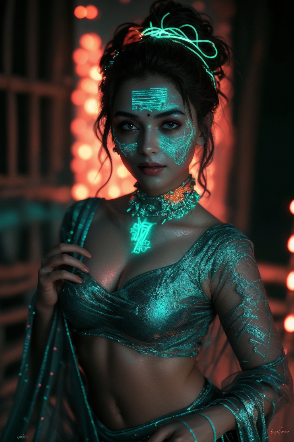 Photo of a mystical fantasy bioluminescent neon woman. Glamorous fashionable lady,  glowing dots on face,  glowing neon sa...