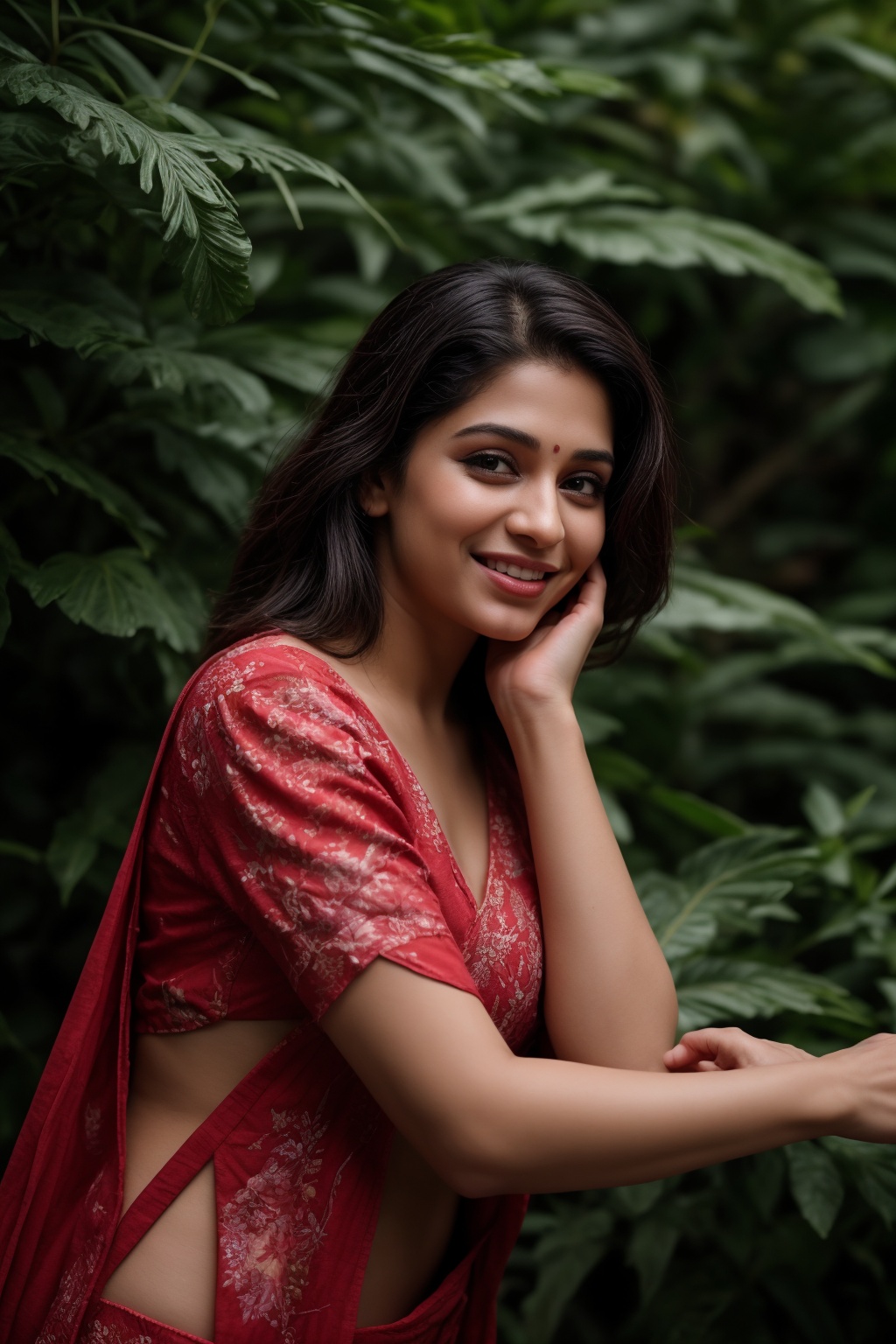 A stunning Kerala beauty poses in a lush botanical garden on a bright,  perfect hand and finger:1.2,  sunny day. She wears...