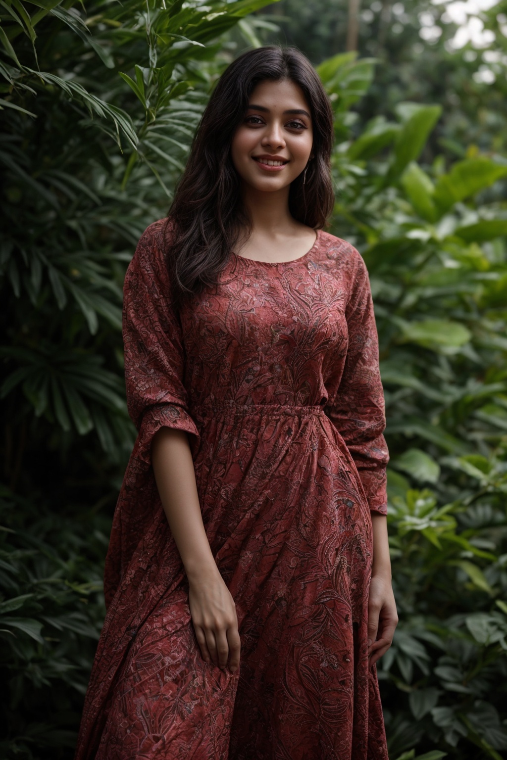 A stunning Kerala beauty poses in a lush botanical garden on a bright,  sunny day. She wears a vibrant traditional embroid...