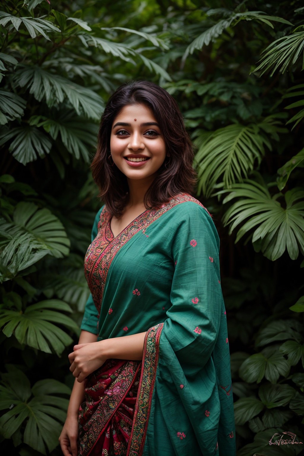 A stunning Kerala beauty poses in a lush botanical garden on a bright,  sunny day. She wears a vibrant traditional embroid...