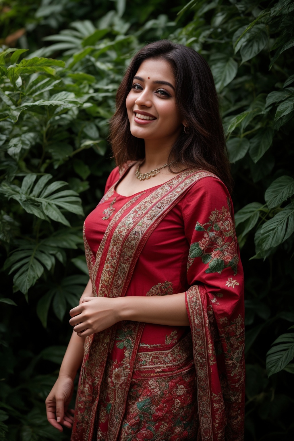 A stunning Kerala beauty poses in a lush botanical garden on a bright,  sunny day. She wears a vibrant traditional embroid...