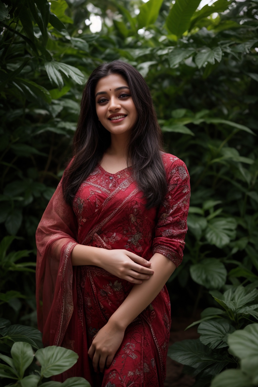 A stunning Kerala beauty poses in a lush botanical garden on a bright,  sunny day. She wears a vibrant traditional embroid...