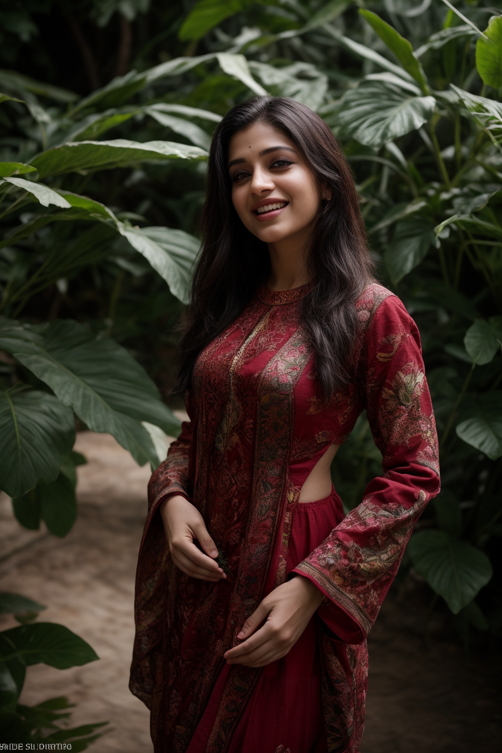 A stunning Kerala beauty poses in a lush botanical garden on a bright,  sunny day. She wears a vibrant traditional embroid...