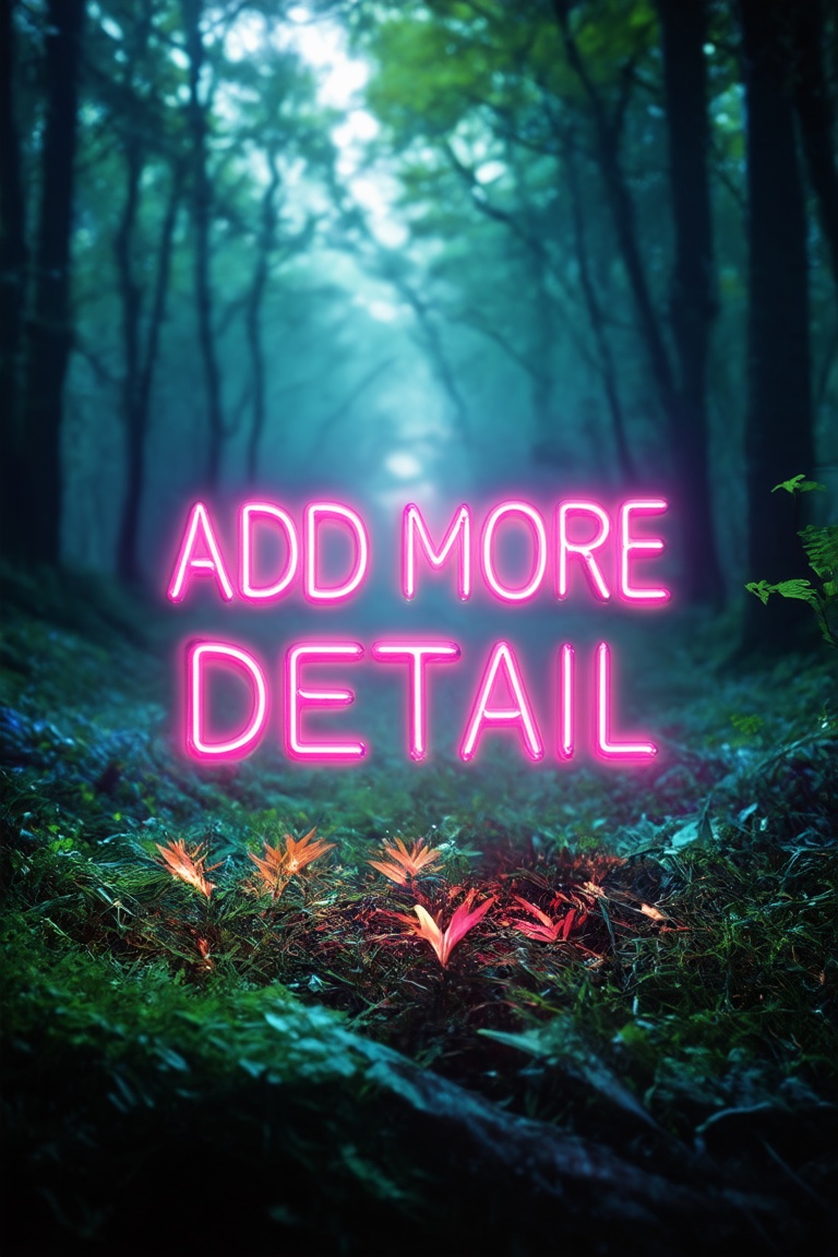 text "ADD MORE DETAIL" made of,  tiny neon filaments,  w0f1l on Tensor.Art