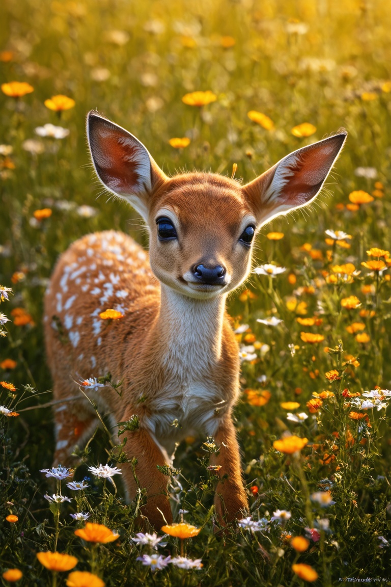 A sleepy baby fawn in a bed of wildflowers,  in the warm sunlight,  its delicate spots blending in with the colorful petal...