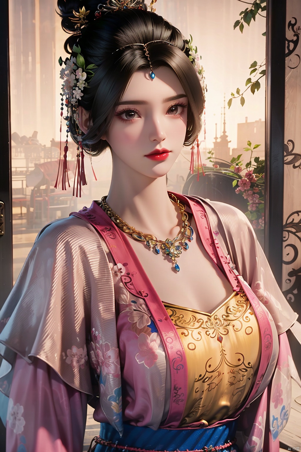 1girl, black hair, brown hair, chinese clothes, circlet,dress, eyelashes, hair ornament, hair stick, hanfu, jewelry, lips, lipstick, long hair, long sleeves, makeup, red lips, solo, standing, tassel,wide sleeves,dark skin, hair bun, piercing, beads, headdress, robe, shawl, traditional clothes, bead necklace, brown eyes, hair ribbon, collarbone, nose, pearl necklace, realistic, Outside, huge flowers, grass,GuoFengTangBoHu,A rich background, perspective