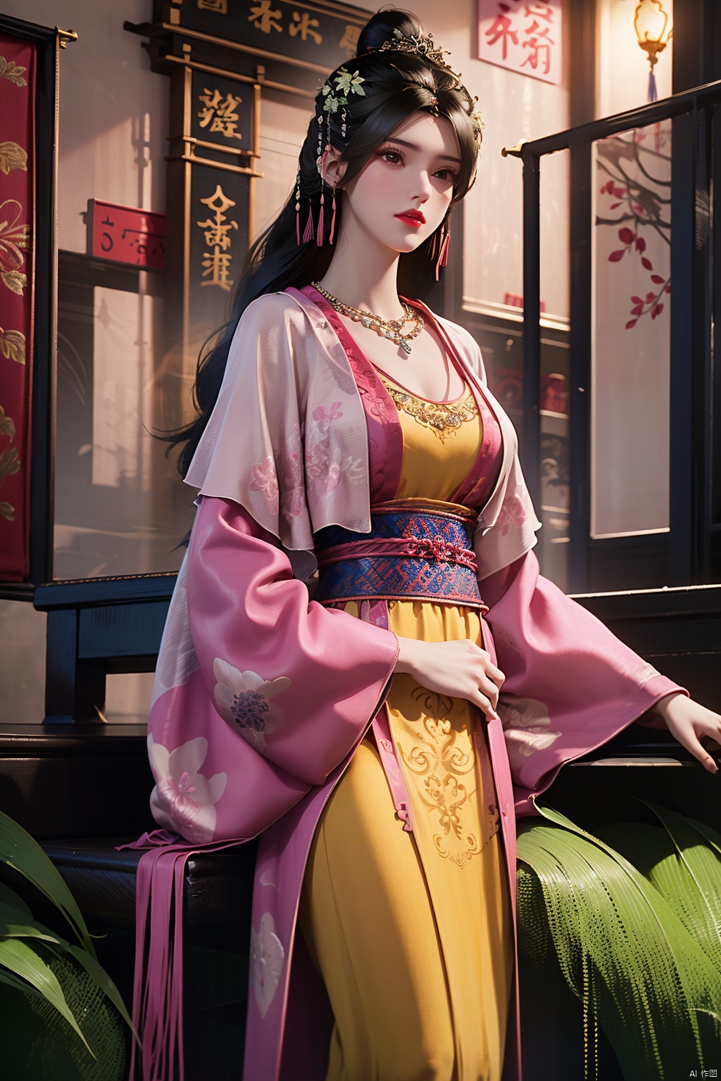 1girl, black hair, brown hair, chinese clothes, circlet,dress, eyelashes, hair ornament, hair stick, hanfu, jewelry, lips, lipstick, long hair, long sleeves, makeup, red lips, solo, standing, tassel,wide sleeves, barefoot, dark skin, feet, hair bun, piercing, beads, headdress, robe, shawl, traditional clothes, bead necklace, brown eyes, hair ribbon, collarbone, nose, pearl necklace, realistic, Outside, huge flowers, grass,GuoFengTangBoHu,