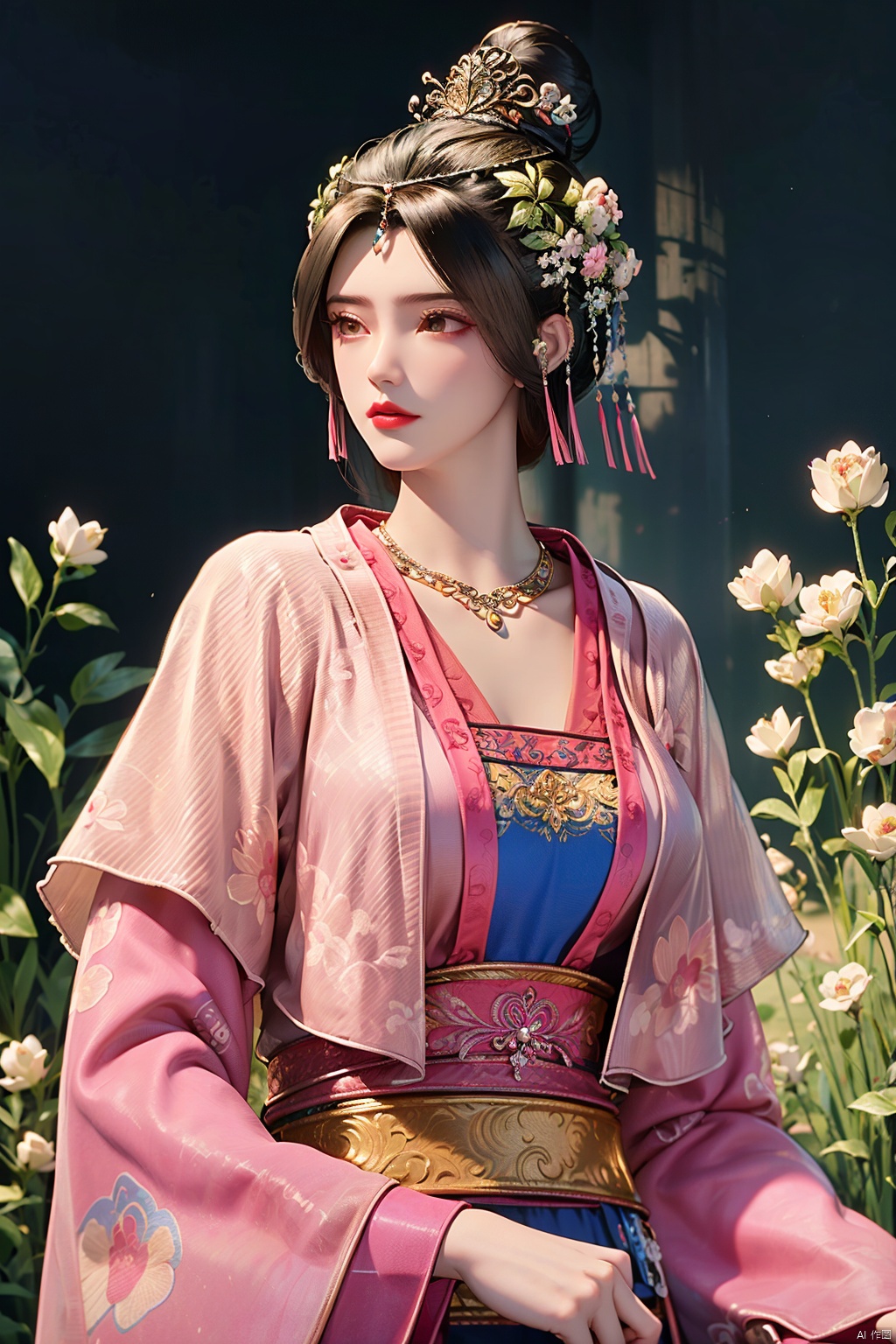 1girl, black hair, brown hair, chinese clothes, circlet,dress, eyelashes, hair ornament, hair stick, hanfu, jewelry, lips, lipstick, long hair, long sleeves, makeup, red lips, solo, standing, tassel,wide sleeves,dark skin, hair bun, piercing, beads, headdress, robe, shawl, traditional clothes, bead necklace, brown eyes, hair ribbon, collarbone, nose, pearl necklace, realistic, Outside, huge flowers, grass,GuoFengTangBoHu,A rich background, perspective