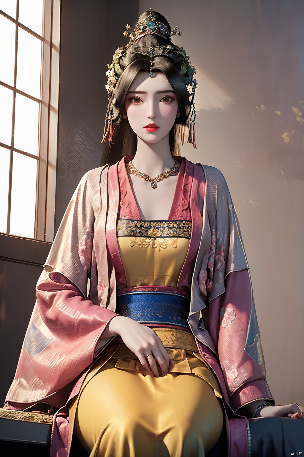 1girl, black hair, brown hair, chinese clothes, circlet,dress,hair ornament, hair stick, hanfu, jewelry,long hair, long sleeves,red lips,solo,tassel,wide sleeves,hair bun, piercing, beads, headdress, robe, shawl, traditional clothes, bead necklace, brown eyes, hair ribbon, collarbone,pearl necklace, realistic,wangliaoyi,more details,Show the thighs,