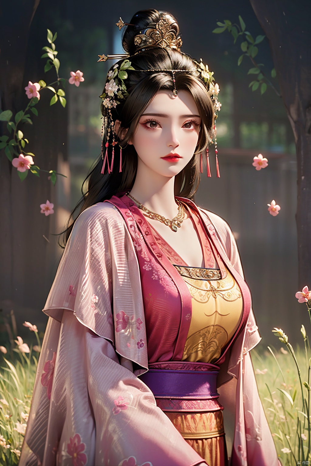 1girl, black hair, brown hair, chinese clothes, circlet,dress, eyelashes, hair ornament, hair stick, hanfu, jewelry, lips, lipstick, long hair, long sleeves, makeup, red lips, solo, standing, tassel,wide sleeves,dark skin, hair bun, piercing, beads, headdress, robe, shawl, traditional clothes, bead necklace, brown eyes, hair ribbon, collarbone, nose, pearl necklace, realistic, Outside, huge flowers, grass,GuoFengTangBoHu,A rich background, perspective