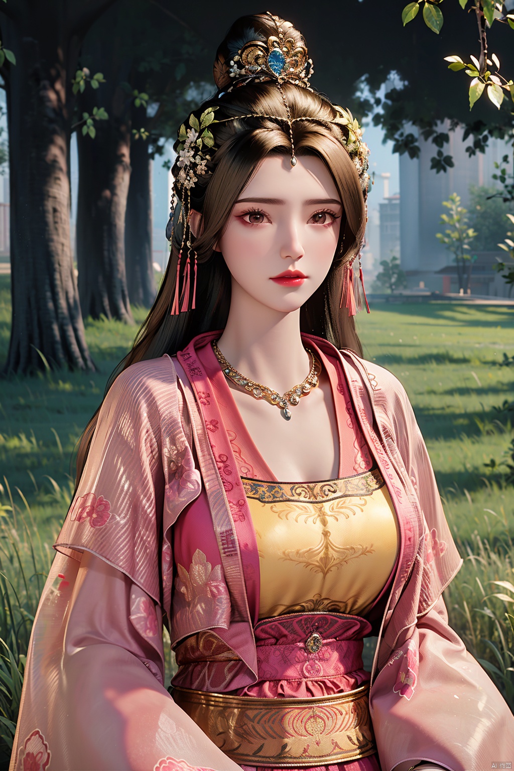 1girl, black hair, brown hair, chinese clothes, circlet,dress, eyelashes, hair ornament, hair stick, hanfu, jewelry, lips, lipstick, long hair, long sleeves, makeup, red lips, solo, standing, tassel,wide sleeves,dark skin, hair bun, piercing, beads, headdress, robe, shawl, traditional clothes, bead necklace, brown eyes, hair ribbon, collarbone, nose, pearl necklace, realistic, Outside, huge flowers, grass,GuoFengTangBoHu,A rich background, perspective