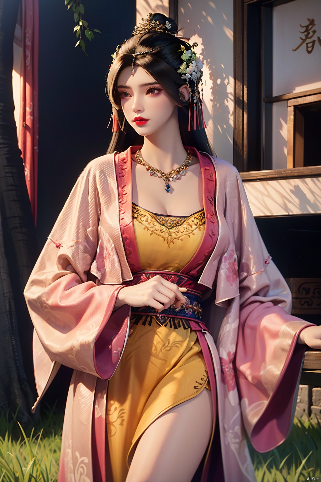 1girl, black hair, brown hair, chinese clothes, circlet,dress, eyelashes, hair ornament, hair stick, hanfu, jewelry, lips, lipstick, long hair, long sleeves, makeup, red lips, solo, standing, tassel,wide sleeves, barefoot, dark skin, feet, hair bun, piercing, beads, headdress, robe, shawl, traditional clothes, bead necklace, brown eyes, hair ribbon, collarbone, nose, pearl necklace, realistic, Outside, huge flowers, grass,GuoFengTangBoHu,