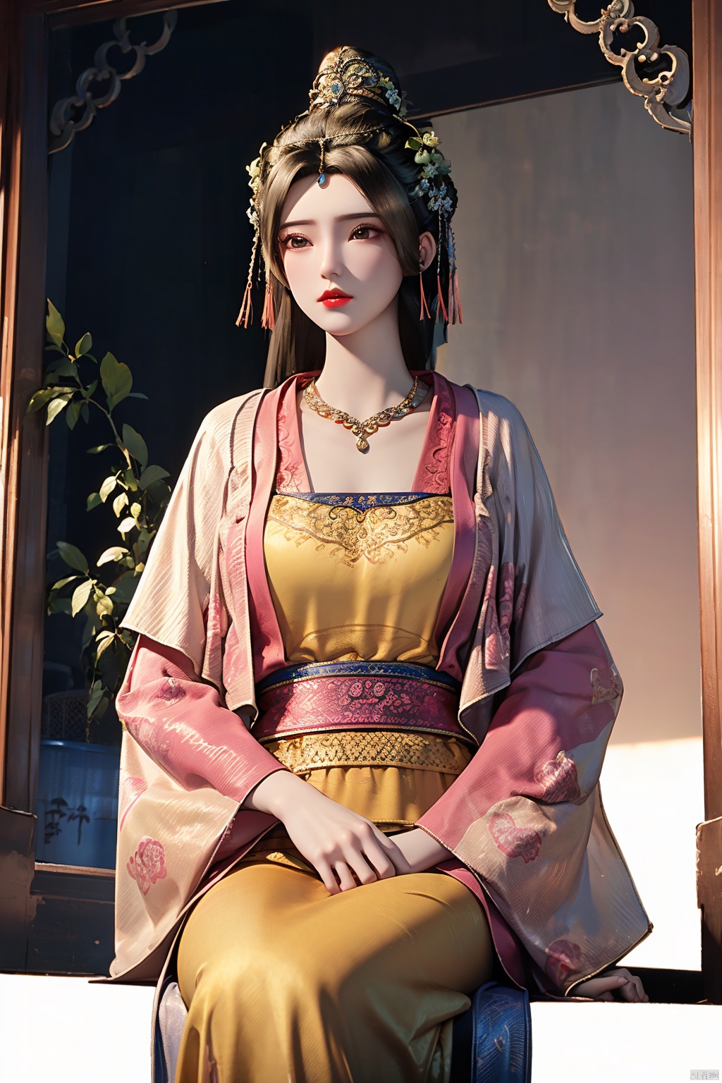 1girl, black hair, brown hair, chinese clothes, circlet,dress,hair ornament, hair stick, hanfu, jewelry,long hair, long sleeves,red lips,solo,tassel,wide sleeves,hair bun, piercing, beads, headdress, robe, shawl, traditional clothes, bead necklace, brown eyes, hair ribbon, collarbone,pearl necklace, realistic,wangliaoyi,more details,Show the thighs,
