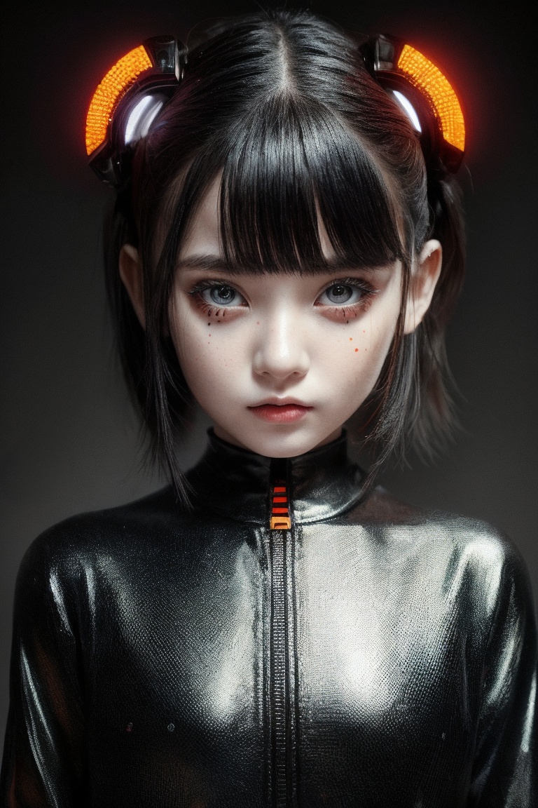 A futuristic fantasy full body images an enigmatic tween girl with intricate,  black dots meticulously arranged on her hea...