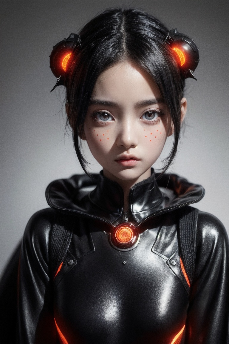 A futuristic fantasy full body images an enigmatic tween girl with intricate,  black dots meticulously arranged on her hea...