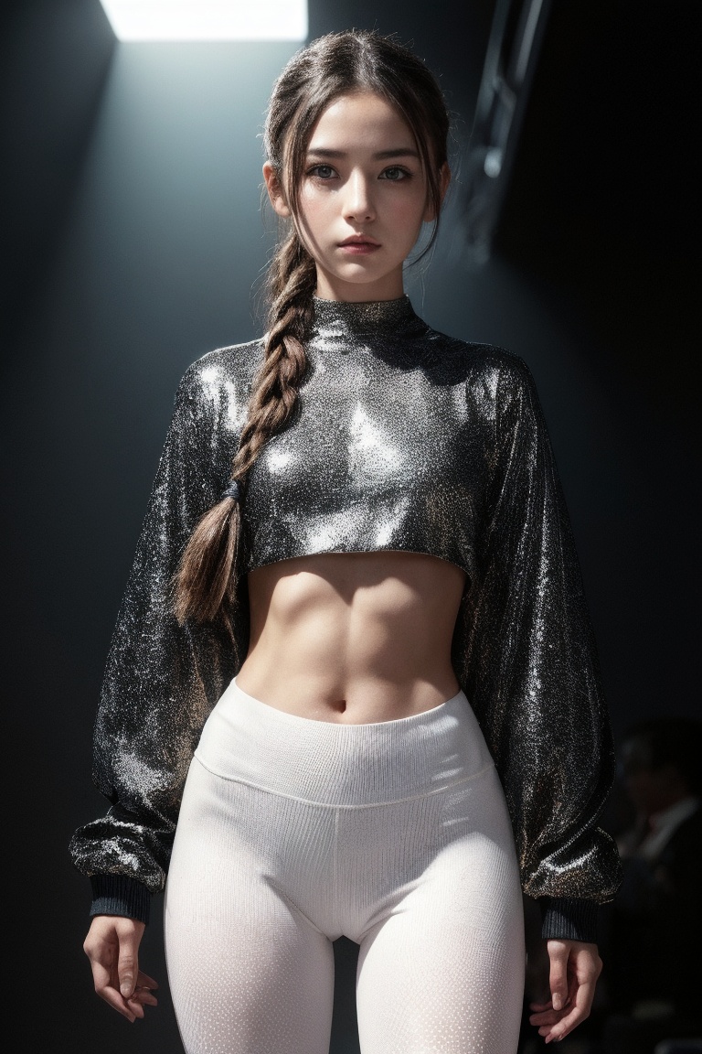 A futuristic fantasy full body images an enigmatic female with intricate,  black dots meticulously arranged on her head,...