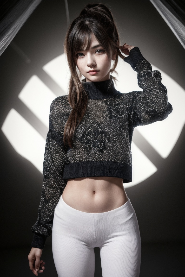 A futuristic fantasy full body images an enigmatic tween girl with intricate,  black dots meticulously arranged on her hea...