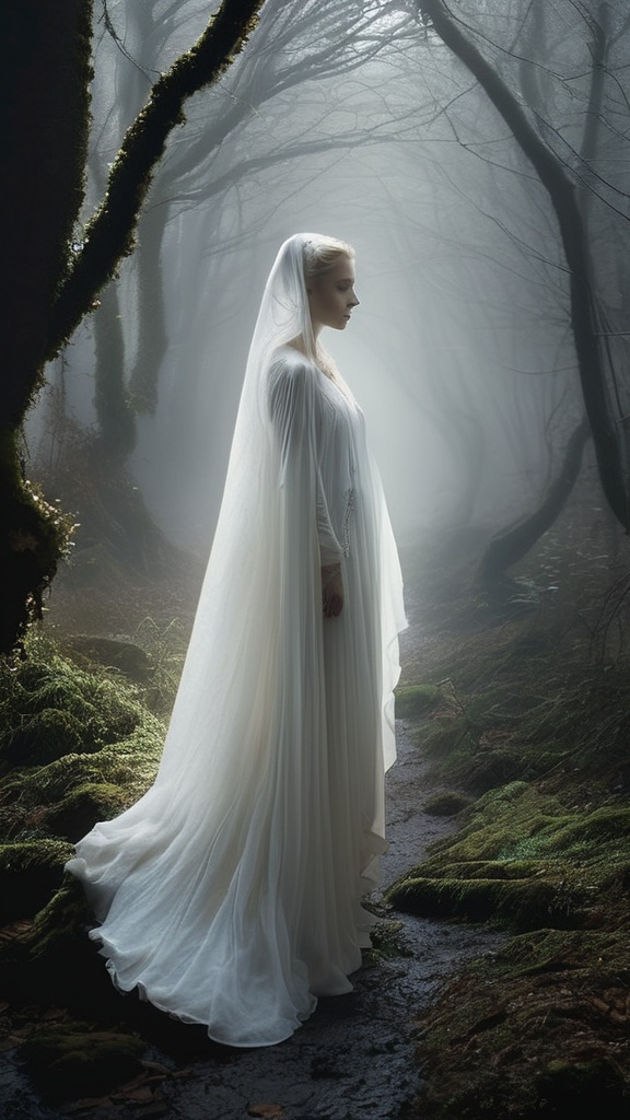 The misty forest of Brocéliande is haunted by the legend of the White Lady,  a ghostly figure seen wandering near the rive...
