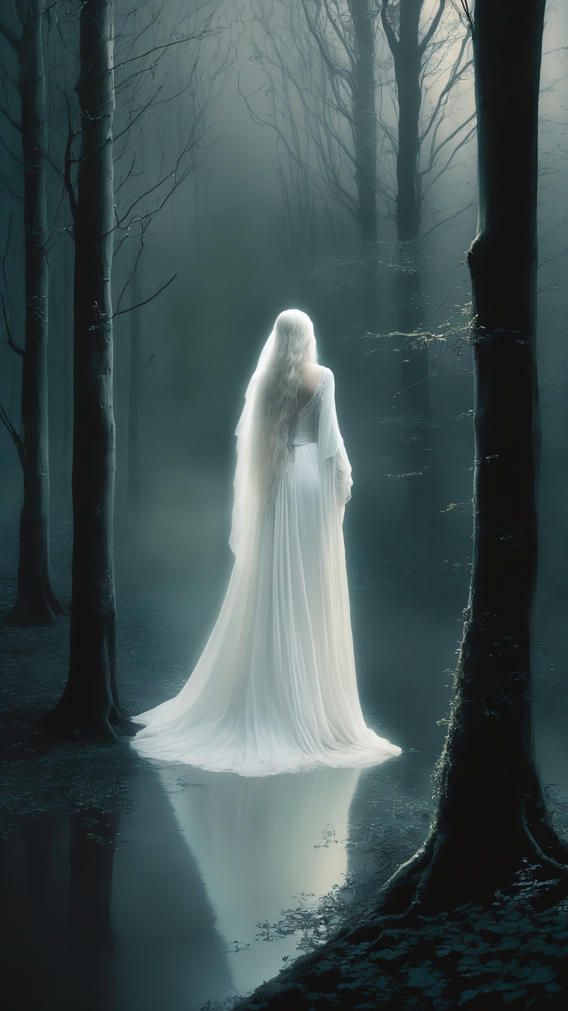 The misty forest of Brocéliande is haunted by the legend of the White Lady,  a ghostly figure seen wandering near the rive...