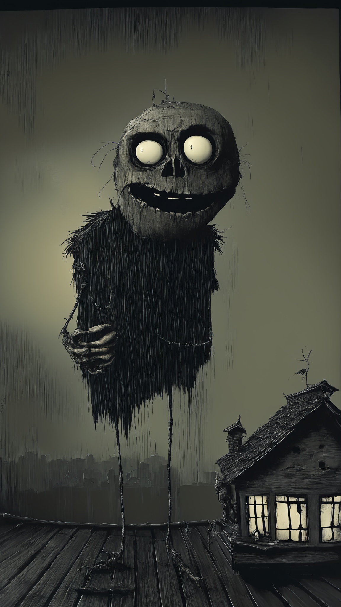 Fairy tale puppet cartoon character carlson who lives on the roof. completely darkened room,  grainy,  eerie setting on Te...