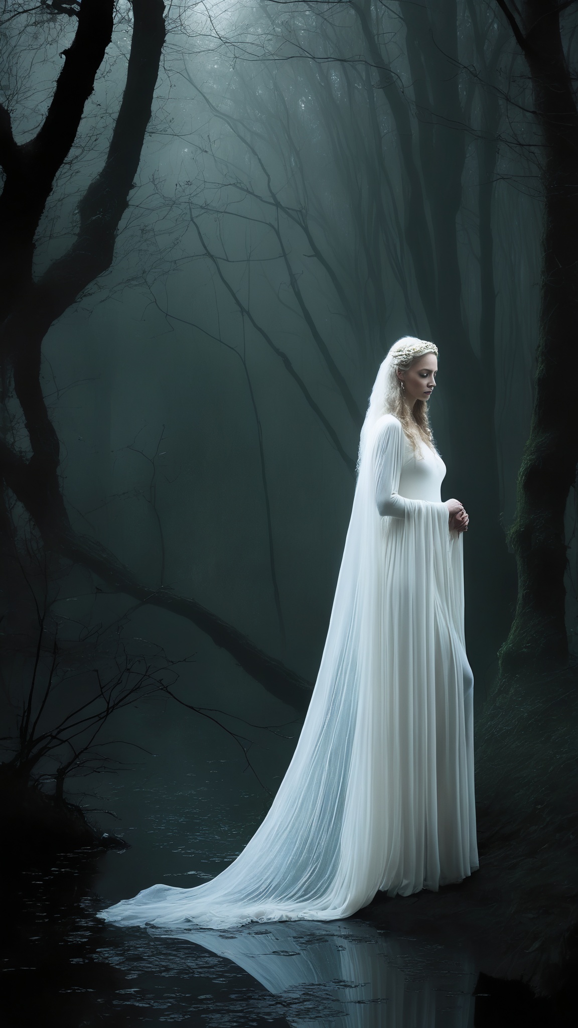 The misty forest of Brocéliande is haunted by the legend of the White Lady,  a ghostly figure seen wandering near the rive...