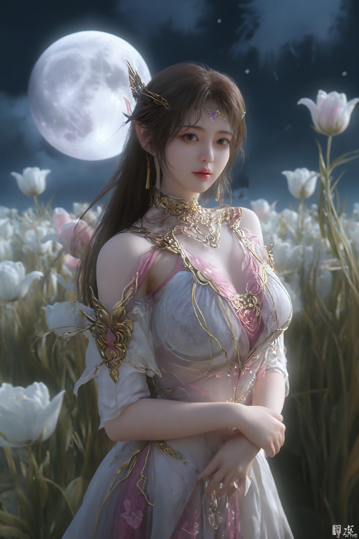 (Masterpiece:1.2), best quality,1girl, looking_at_viewer,(big breasts:1.29),Xyaoye,full moon,flowers