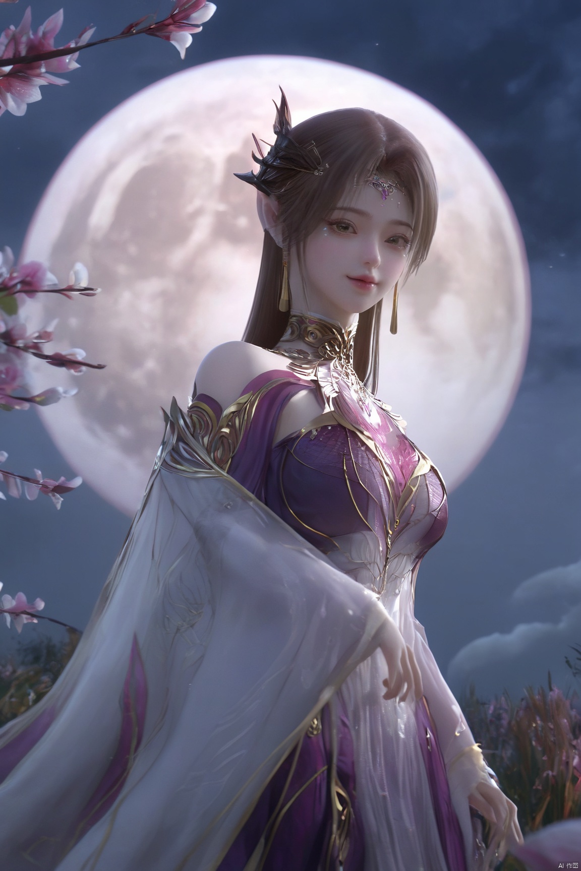 (Masterpiece:1.2), best quality,1girl, looking_at_viewer,(big breasts:1.29),Xyaoye,full moon,flowers