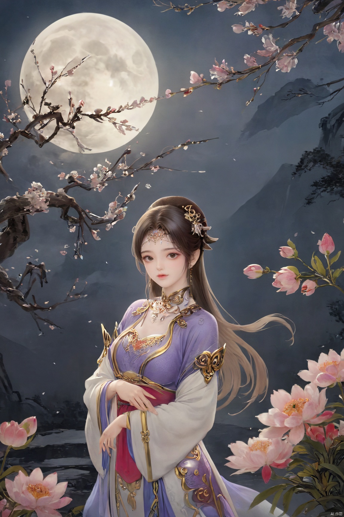 (Masterpiece:1.2), best quality,1girl, looking_at_viewer,(big breasts:1.29),Xyaoye,full moon,flowers