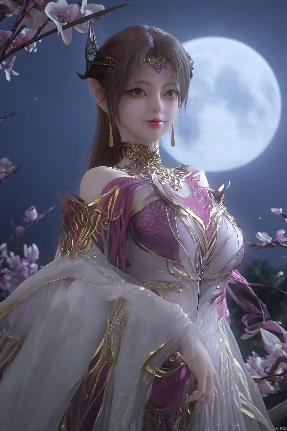 (Masterpiece:1.2), best quality,1girl, looking_at_viewer,(big breasts:1.29),Xyaoye,full moon,flowers