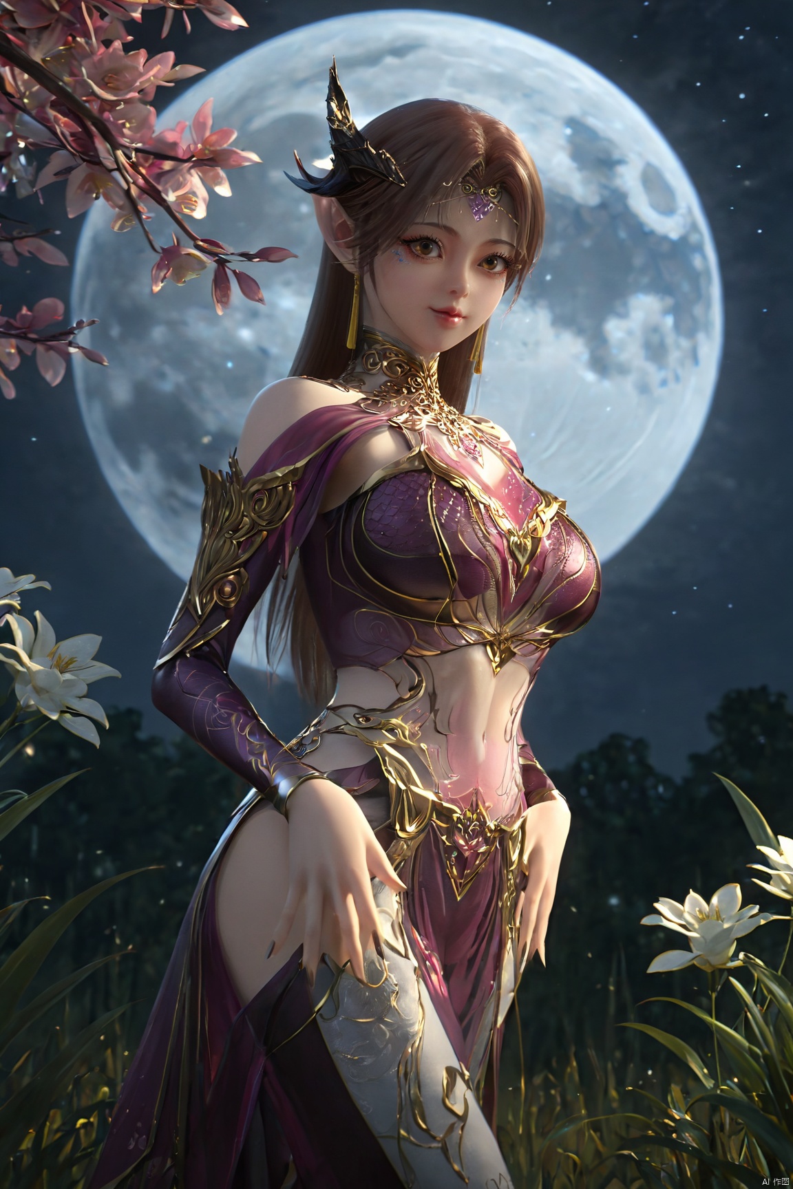 (Masterpiece:1.2), best quality,1girl, looking_at_viewer,(big breasts:1.29),Xyaoye,full moon,flowers