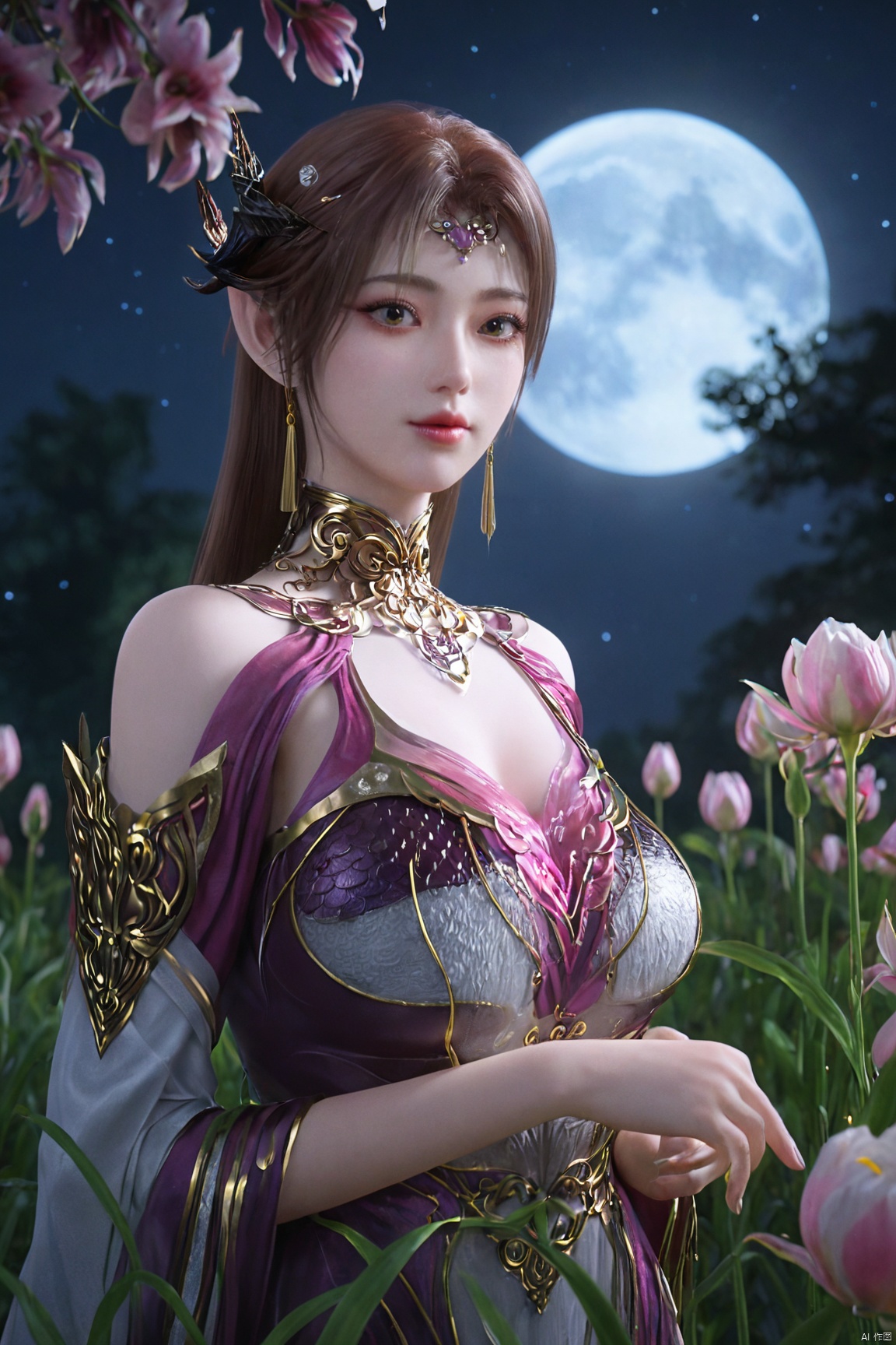 (Masterpiece:1.2), best quality,1girl, looking_at_viewer,(big breasts:1.29),Xyaoye,full moon,flowers