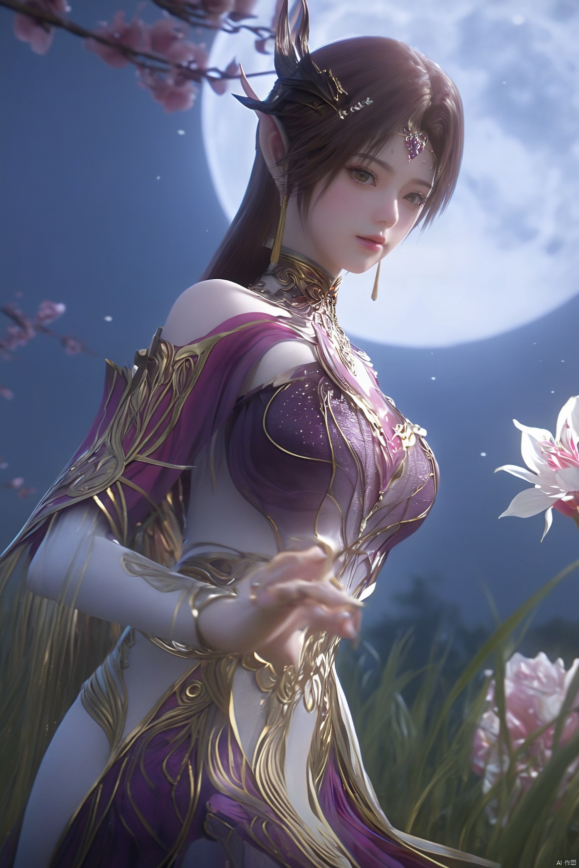 (Masterpiece:1.2), best quality,1girl, looking_at_viewer,(big breasts:1.29),Xyaoye,full moon,flowers