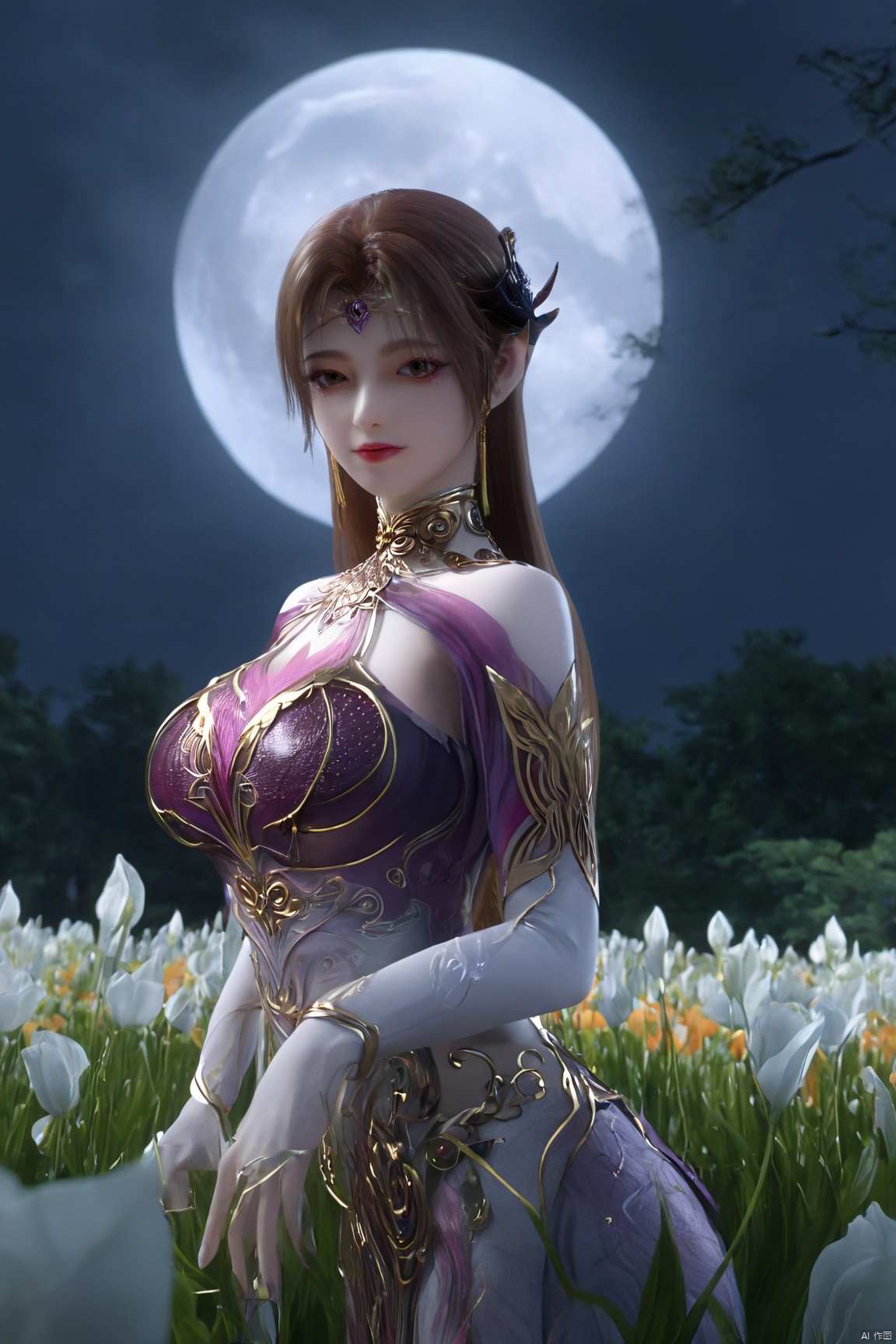 (Masterpiece:1.2), best quality,1girl, looking_at_viewer,(big breasts:1.29),Xyaoye,full moon,flowers