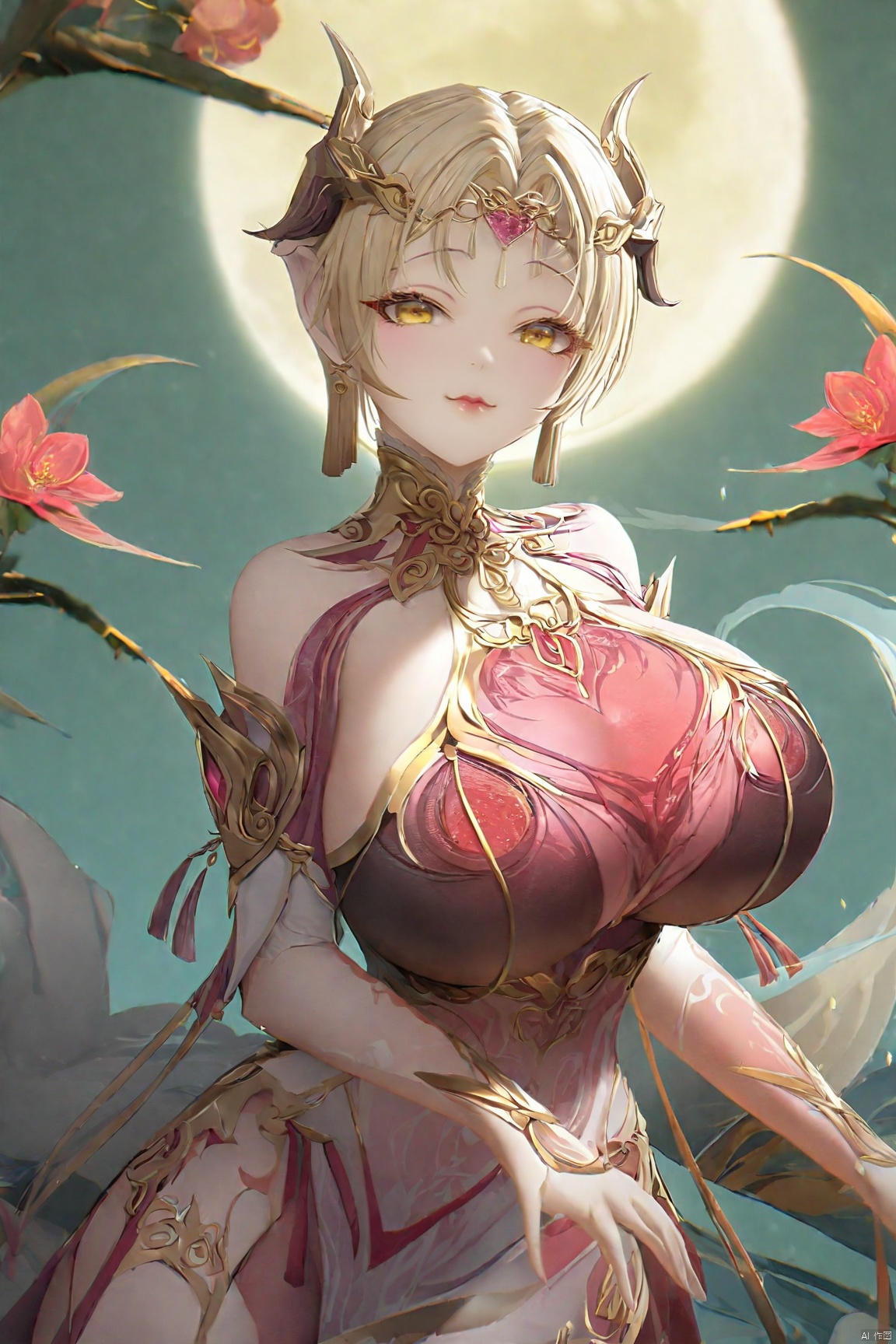 (Masterpiece:1.2), best quality,1girl, looking_at_viewer,(big breasts:1.29),Xyaoye,full moon,flowers