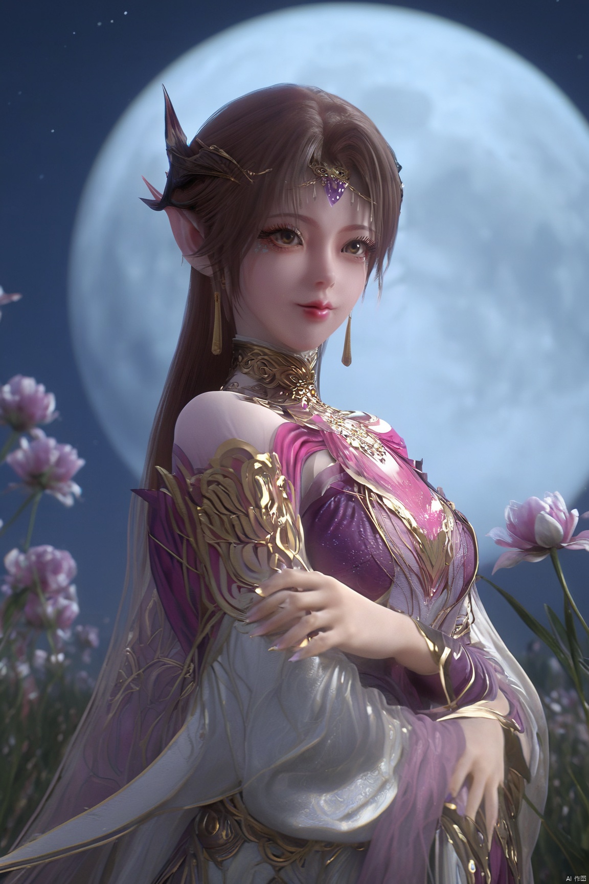 (Masterpiece:1.2), best quality,1girl, looking_at_viewer,(big breasts:1.29),Xyaoye,full moon,flowers