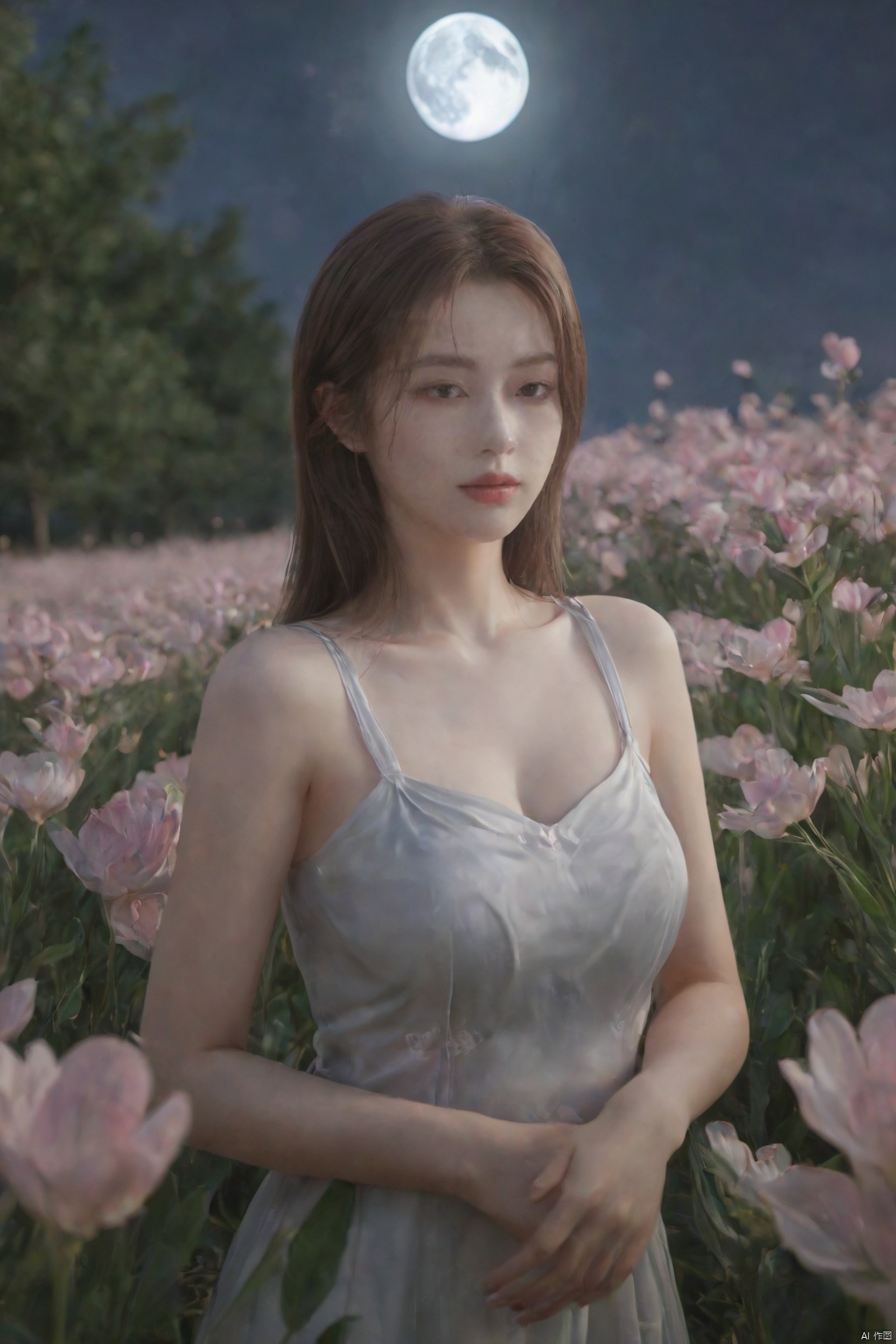 (Masterpiece:1.2), best quality,1girl, looking_at_viewer,(big breasts:1.29),Xyaoye,full moon,flowers