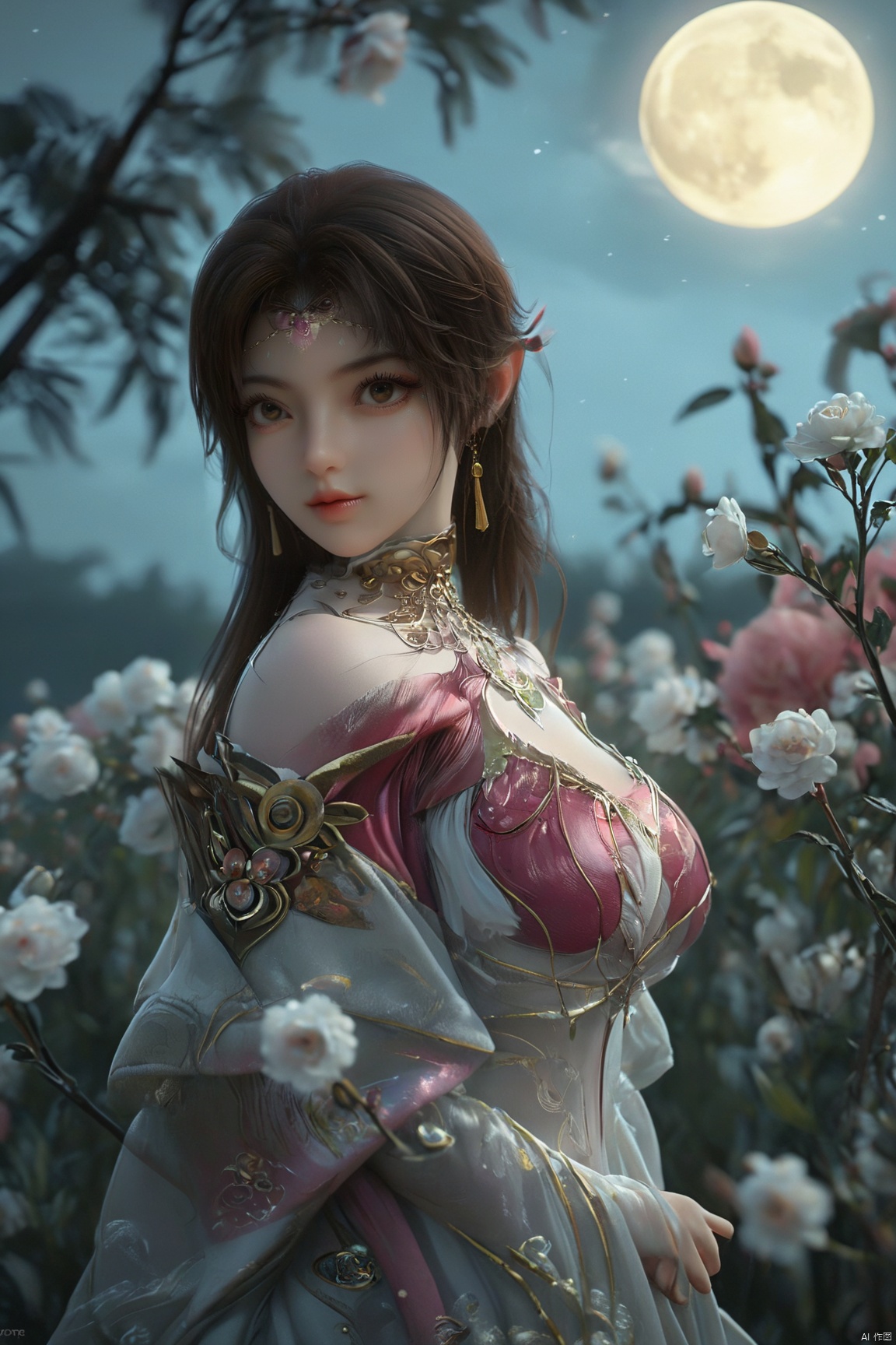 (Masterpiece:1.2), best quality,1girl, looking_at_viewer,(big breasts:1.29),Xyaoye,full moon,flowers