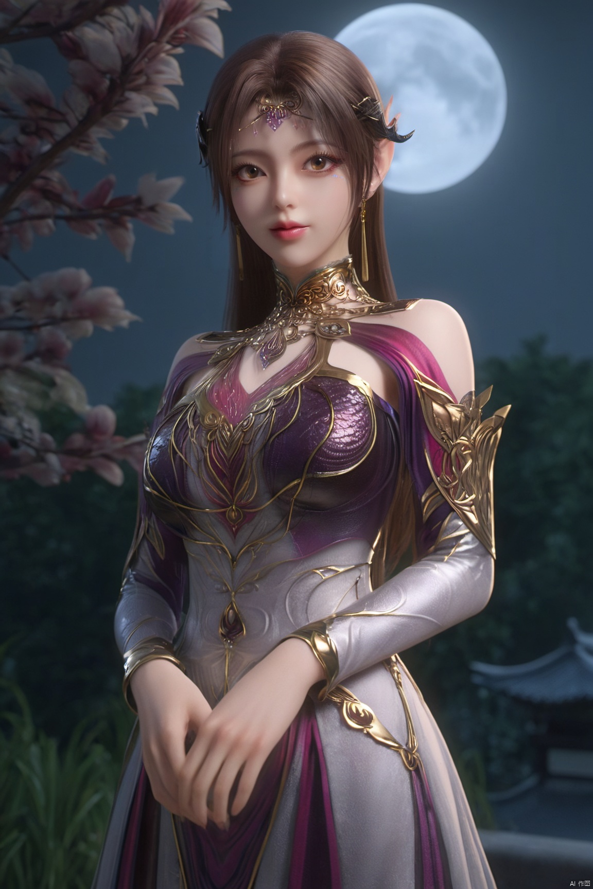 (Masterpiece:1.2), best quality,1girl, looking_at_viewer,(big breasts:1.29),Xyaoye,full moon,flowers