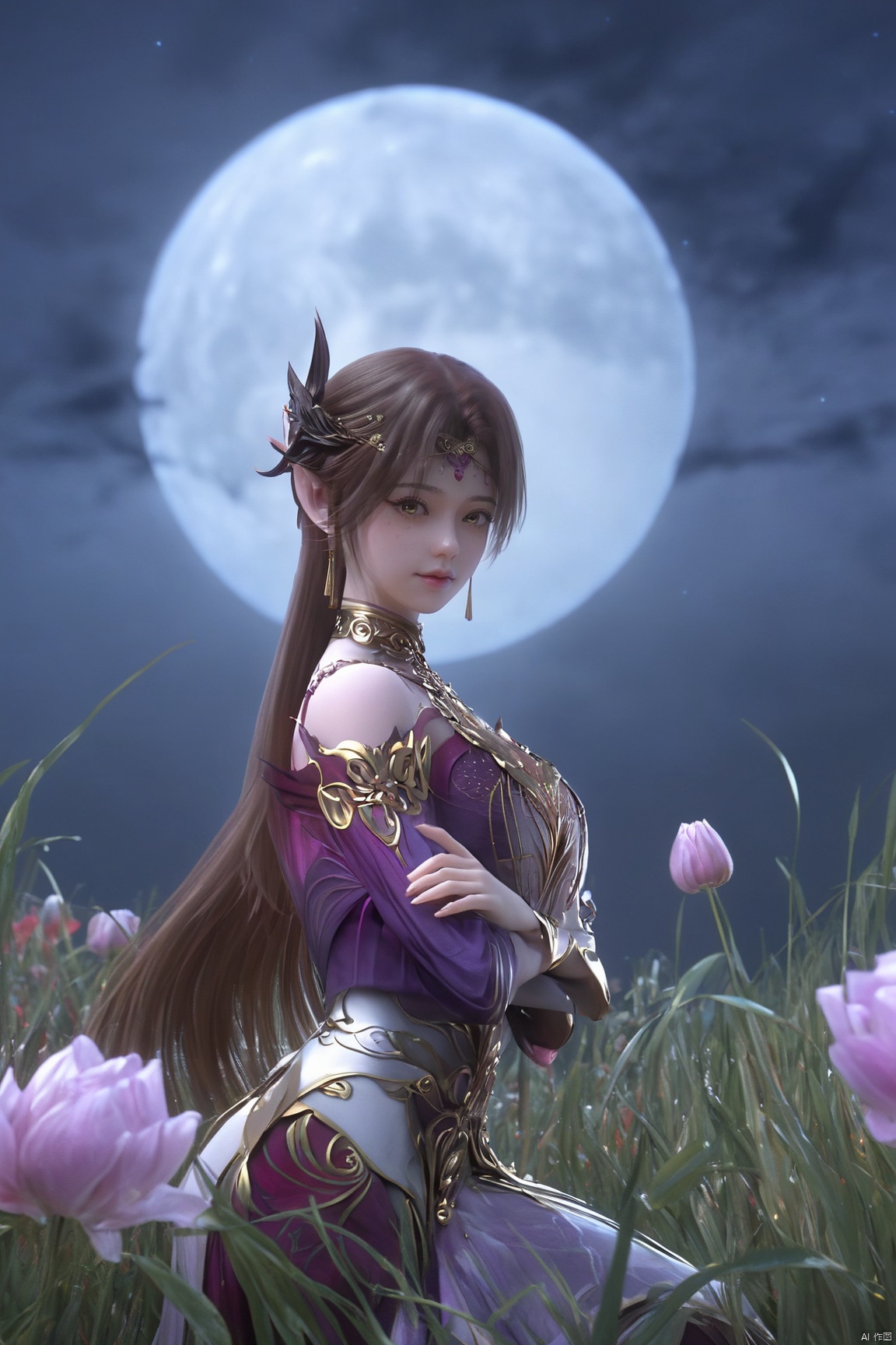 (Masterpiece:1.2), best quality,1girl, looking_at_viewer,(big breasts:1.29),Xyaoye,full moon,flowers