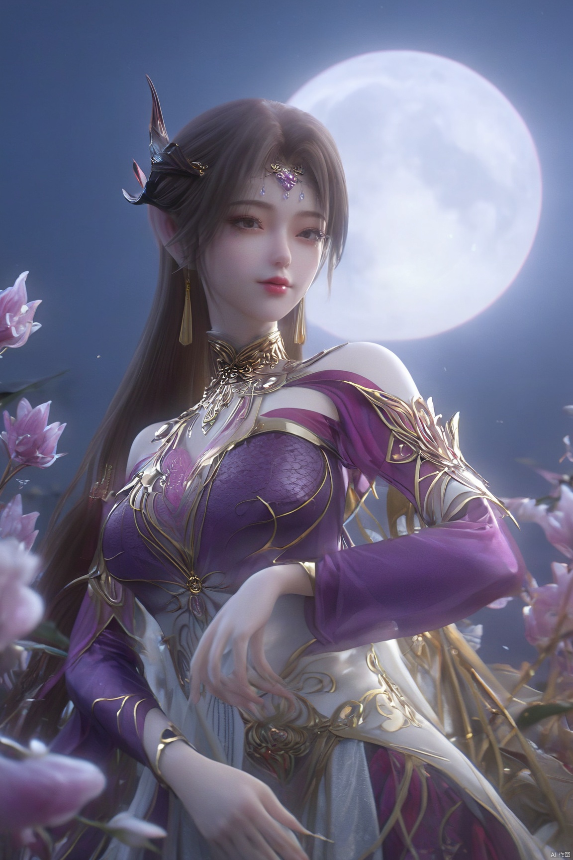 (Masterpiece:1.2), best quality,1girl, looking_at_viewer,(big breasts:1.29),Xyaoye,full moon,flowers