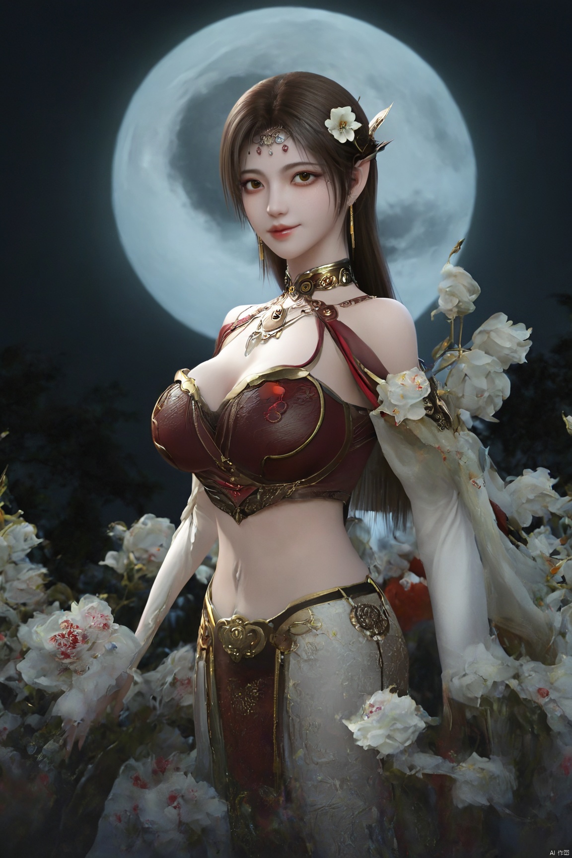 (Masterpiece:1.2), best quality,1girl, looking_at_viewer,(big breasts:1.29),Xyaoye,full moon,flowers