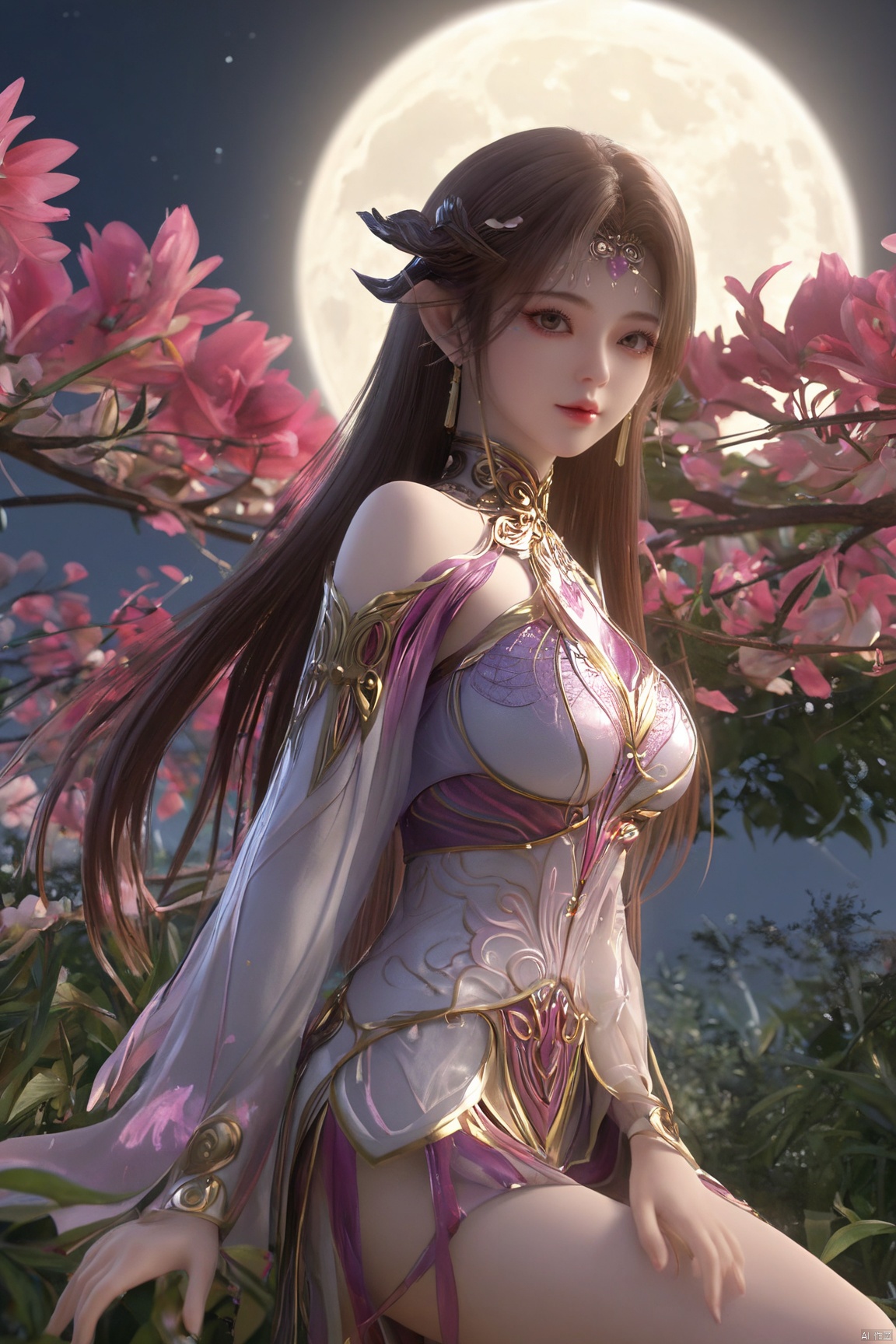 (Masterpiece:1.2), best quality,1girl, looking_at_viewer,(big breasts:1.29),Xyaoye,full moon,flowers