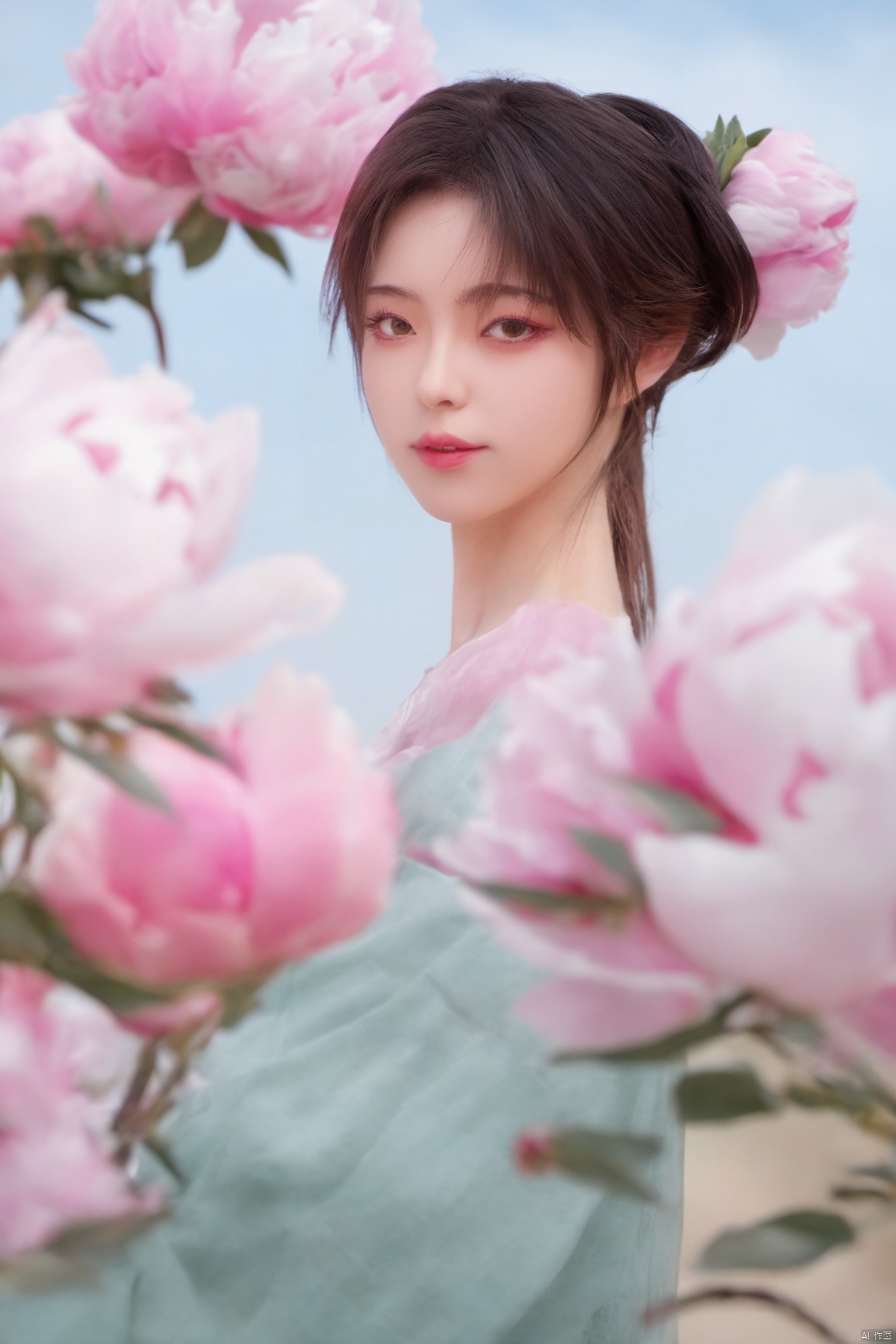 (Masterpiece:1.2), best quality,1girl, looking_at_viewer,(big breasts:1.39),Xyaoye,Large aperture, blurred background, spring scene, peony flowers, desert_sky