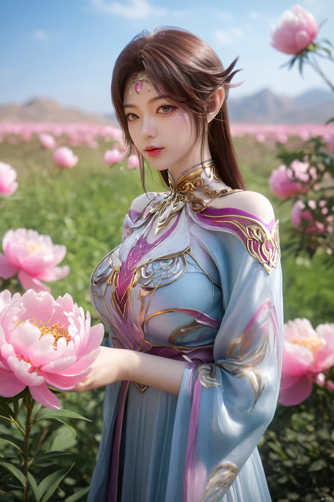 (Masterpiece:1.2), best quality,1girl, looking_at_viewer,(big breasts:1.39),Xyaoye,Large aperture, blurred background, spring scene, peony flowers, desert_sky